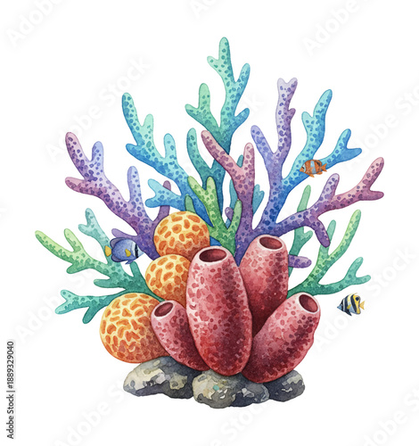 Colorful watercolor illustration of a vibrant coral reef with tropical fish and diverse marine life on white background