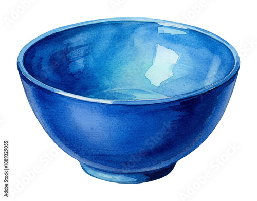 A vibrant blue watercolor bowl painting with soft reflections isolated on a white background