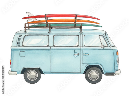 Light blue vintage camper van with colorful surfboards on roof rack for summer beach travel adventure