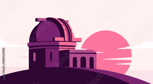 Astronomical observatory on hill silhouette against sunset sky