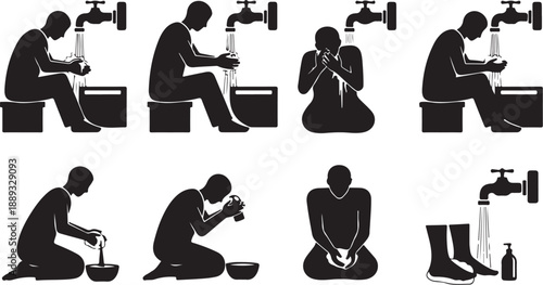 Muslim Man Performing Ablution Ritual Steps Black Silhouette Vector Illustration