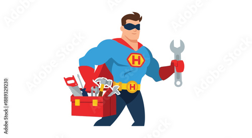 Super handyman a muscular hero carries tools and a toolbox with confidence
