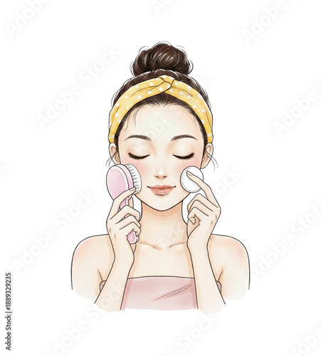 Young Asian woman focused on skincare routine using a facial brush and cotton pad with a serene expression