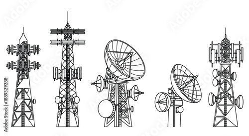 Line drawing of various communication towers and satellite dishes high quality