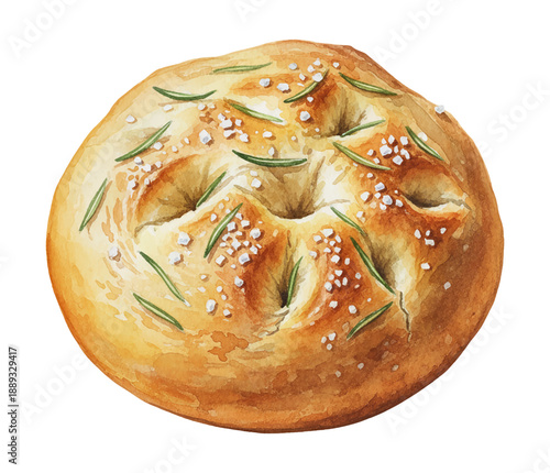 Round Focaccia Bread with Rosemary and Salt Topping Hand Painted in Watercolor Style on White Background