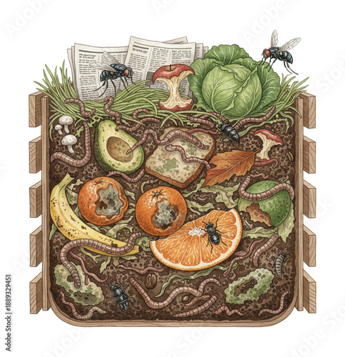 Detailed vibrant illustration of an active compost bin with decomposing food scraps earthworms and various insects