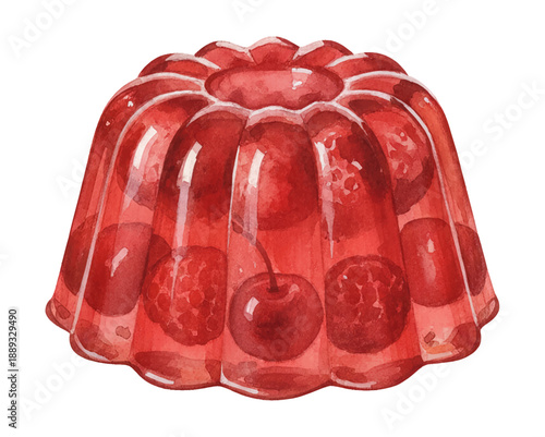 Vibrant Red Gelatin Dessert with Cherries and Raspberries in a Fluted Mold Watercolor Illustration