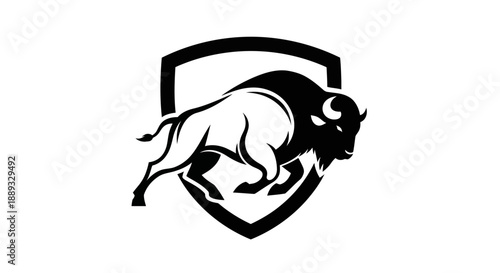 Bison graphic illustration in monochrome style on a shield emblem design