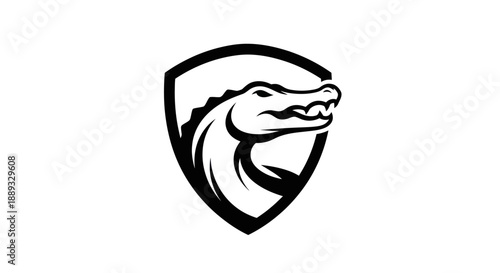Black and white alligator emblem design on a white background