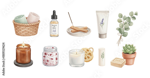 Watercolor Illustration of Spa and Wellness Products for Relaxation and Self Care Collection