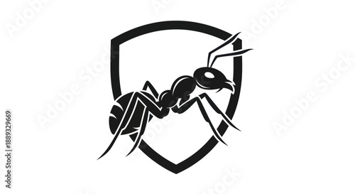Black and white ant illustration inside a shield symbol isolated on white