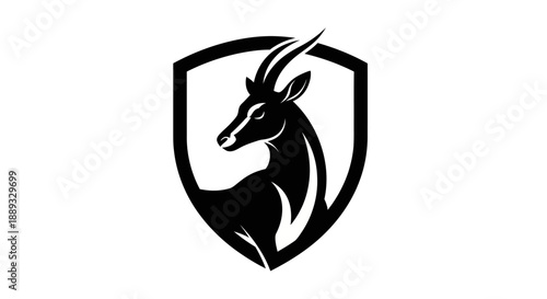 Black and white antelope silhouette within a shield emblem design