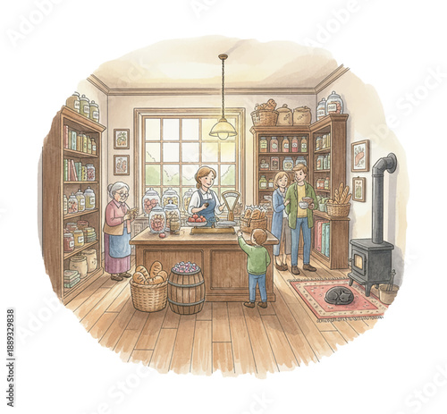 Friendly Caucasian shopkeeper serves diverse customers in a charming rustic general store with a cat and stove