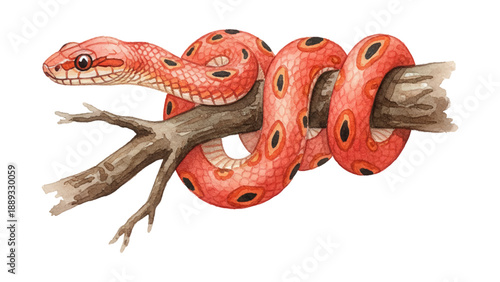 Vibrant red spotted snake resting on a brown tree branch with a calm neutral expression on white