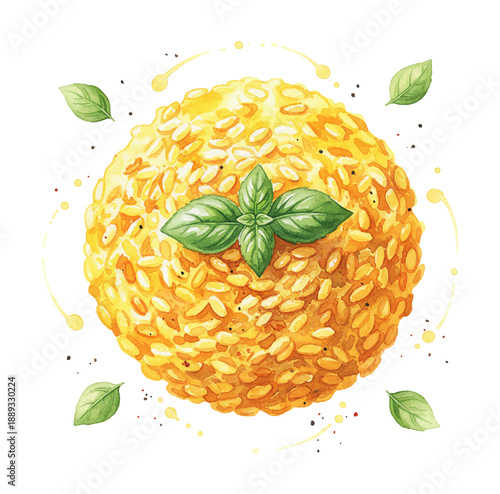 Delicious Risotto or Rice Dish Topped with Fresh Green Basil Leaves and Spice Garnish with Appetizing Look
