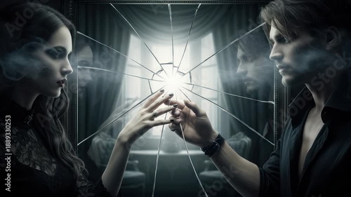 Mysterious Couple Touching Through Cracked Mirror, Ethereal Smoke, Romantic Gloom