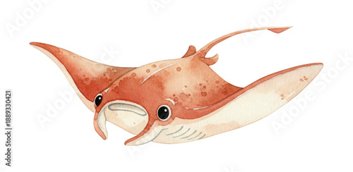 Cute friendly watercolor manta ray swimming gracefully with a calm peaceful expression underwater marine life