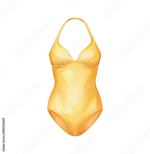 Yellow Halter Neck One Piece Swimsuit Watercolor Illustration Isolated White Background Summer Beach Wear