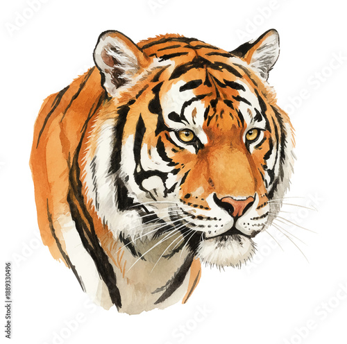 A detailed watercolor painting of a majestic tiger's head with piercing yellow eyes and a calm focused expression