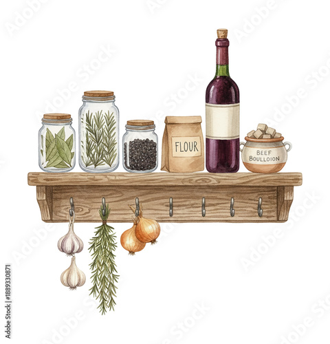 Kitchen shelf display with fresh cooking ingredients herbs spices wine flour garlic and onions watercolor