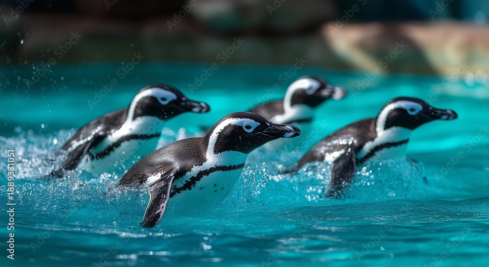 Obraz premium Penguins Swimming Synchronzed Laps in a Blue Pool