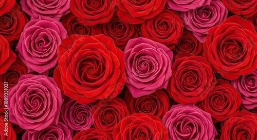 Luxurious panoramic seamless background pattern of vivid red and deep pink roses blooming densely, rose, roses, flower