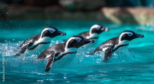 Penguins Swimming Synchronzed Laps in a Blue Pool
