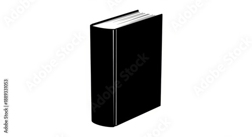 A sleek black book with white pages standing upright