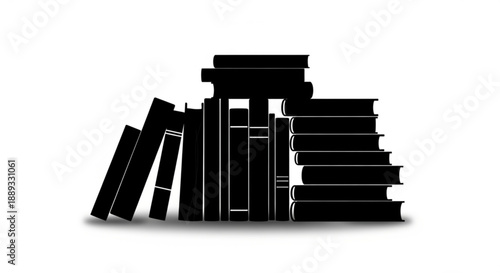 A black silhouette of stacked books in various sizes and orientations
