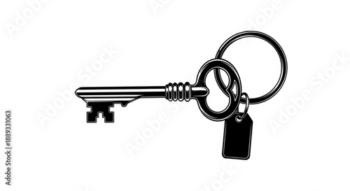 A shiny silver skeleton key with a small black tag attached to a keyring