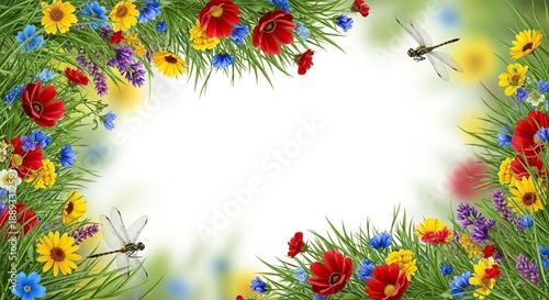 Natural background border frame of blooming wildflowers, green grass, and flying dragonflies, background, frame, border