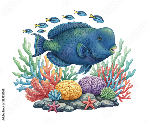 Large blue parrotfish swims among colorful coral and starfish with small fish following in a vibrant illustration