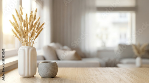 Blurred modern living room background with wooden table and wheat bouquet in ceramic vase for product placement