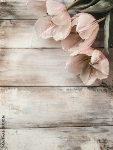 Gentle Tulips on Distressed Wood: A Floral Still Life Evoking Rustic Elegance