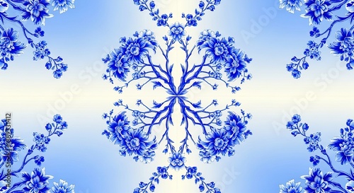Reflected Minimalist Floral Chinoiserie Seamless Pattern, Blue and White Repeating Wallpaper Design, chinoiserie, minimalist, floral