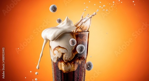Refreshing dirty soda with cream splashing out of a glass, frozen liquid motion drops levitating on a vibrant orange gradient, soda, cola, carbonated