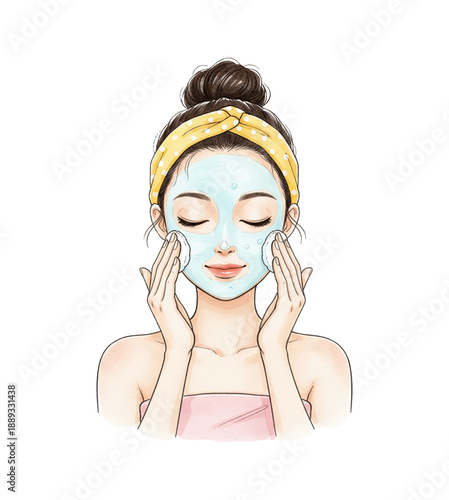 Relaxed Asian woman applying blue face mask with cotton pads wearing yellow headband and pink towel