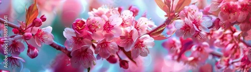 Pink and white sakura blossoms on the branch. Sakura cherry tree in bloom. Colourful spring flower floral background panorama