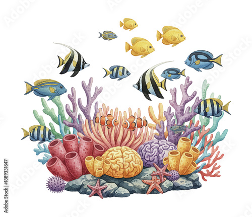 Vibrant Watercolor Tropical Fish and Coral Reef Underwater Scene with Diverse Marine Life