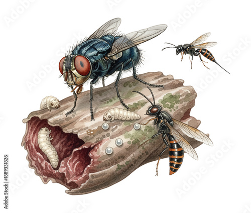 Detailed illustration of a large housefly and wasps on a decaying log with maggots and eggs
