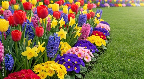 Vibrant colorful flowerbed border brimming with springtime blooms next to a lush green manicured lawn on a sunny day in an idyllic urban garden, flowerbed, colorful, flowers