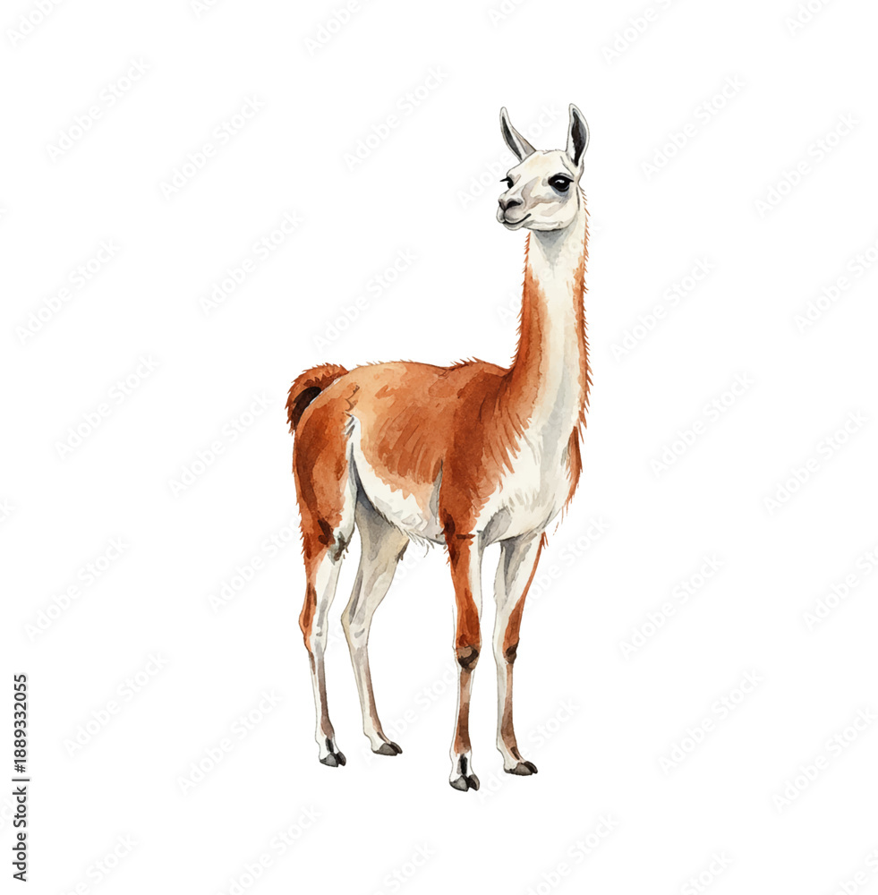 Fototapeta premium Brown and white llama standing calmly with a curious expression in detailed watercolor illustration art