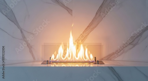 Wide Angle View of Modern Bio Ethanol Fireplace Burning on White Marble Wall, fireplace, fire, burning