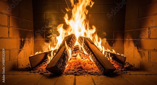 Wide angle view of roaring fire burning wood logs inside a rustic brick fireplace hearth, fire, flame, burning