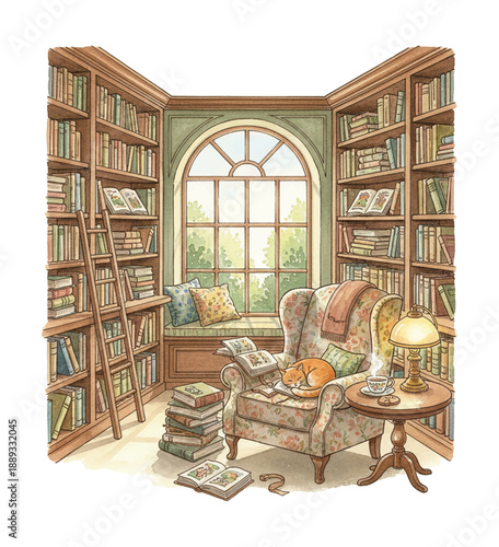 Cozy library scene with a peaceful orange cat sleeping on an open book in a comfy armchair