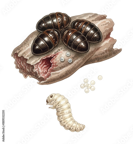 Detailed watercolor illustration of insect pupae larva and eggs on decaying wood showing life stages