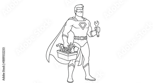 Superhero handyman with toolbox and tools a black and white line drawing