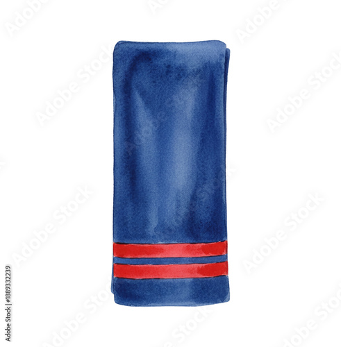 Blue Folded Towel with Two Red Stripes Watercolor Painting on White Background Isolated Object