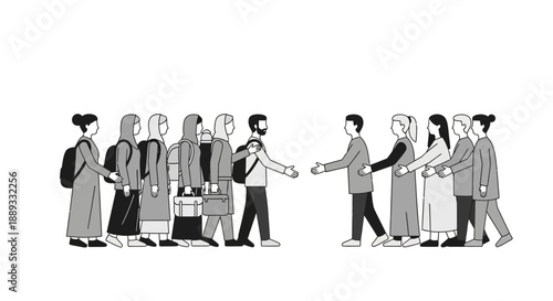 Volunteers welcoming a group of refugees or migrants line art illustration.