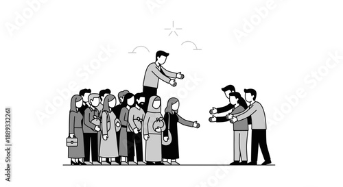 A man on a podium giving money to a crowd of people.